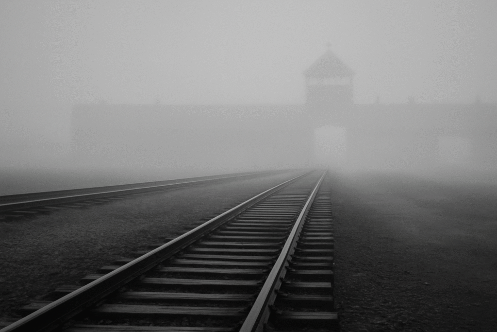 Auschwitz Birkeanu gate in fog