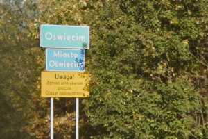 Road sign for Oświęcim (Auschwitz) seen when travelling from Krakow