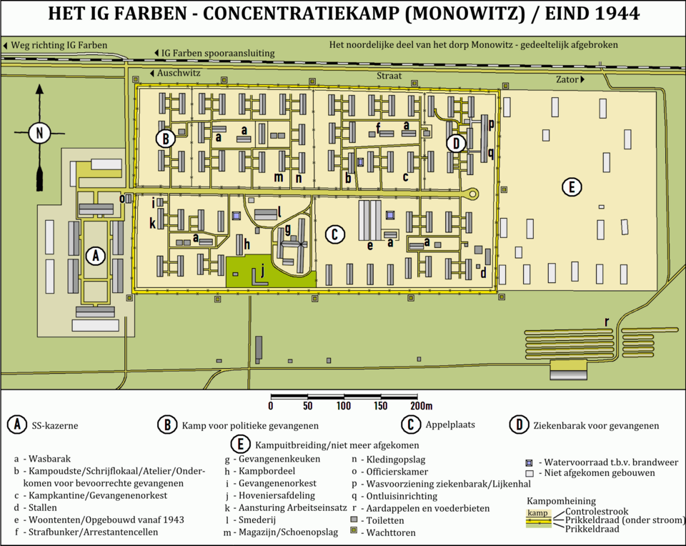 Auschwitz map of Auschwitz III-Monowitz (Buna) and surrounding industrial sites (historical plan)