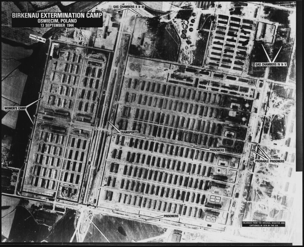 Aerial reconnaissance photograph of Auschwitz II–Birkenau (1944). Source: U.S. National Archives (NARA), ID 305904. Public domain.