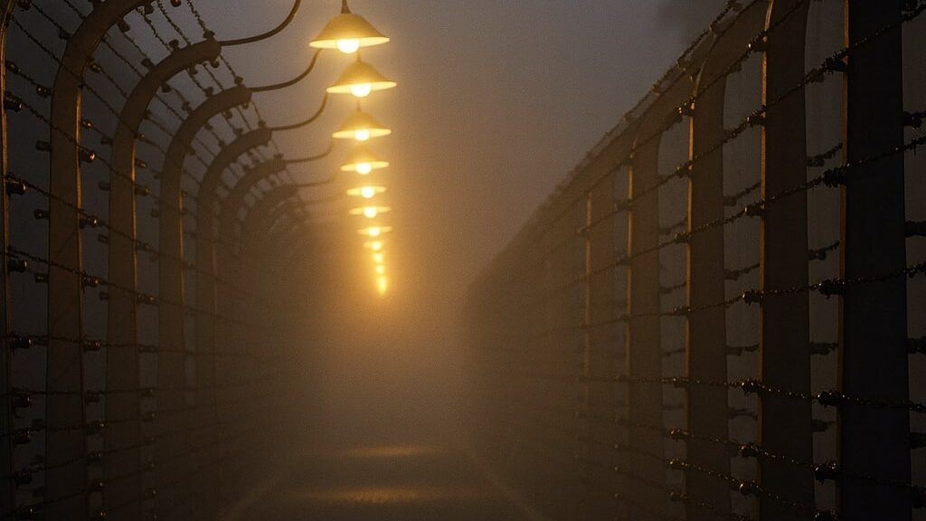 Auschwitz resistance: barbed-wire corridor with lamps glowing in fog (symbolic)