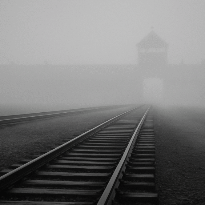 Auschwitz Birkeanu gate in fog