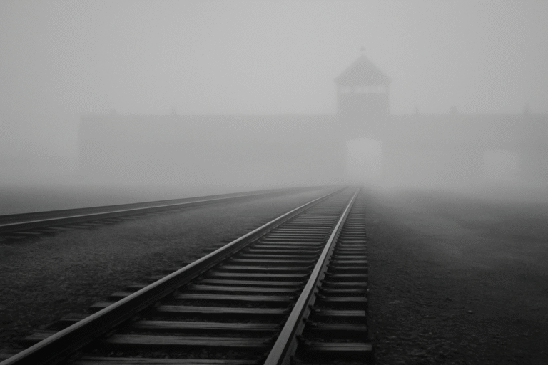 Auschwitz Birkeanu gate in fog