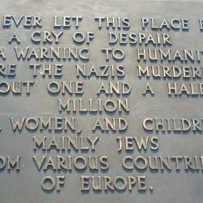When was Auschwitz liberated: memorial plaques at Auschwitz II-Birkenau (photograph)