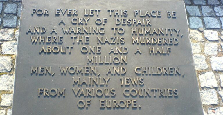 When was Auschwitz liberated: memorial plaques at Auschwitz II-Birkenau (photograph)