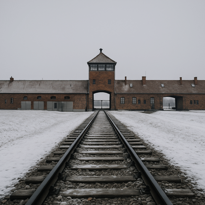 Auschwitz Birkenau: contemporary winter view of the main gate and railway tracks