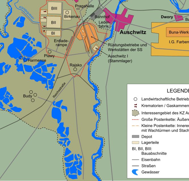 Map of the Auschwitz complex showing Auschwitz I, Auschwitz II-Birkenau and Auschwitz III-Monowitz (schematic) Source and license: Wikimedia Commons.