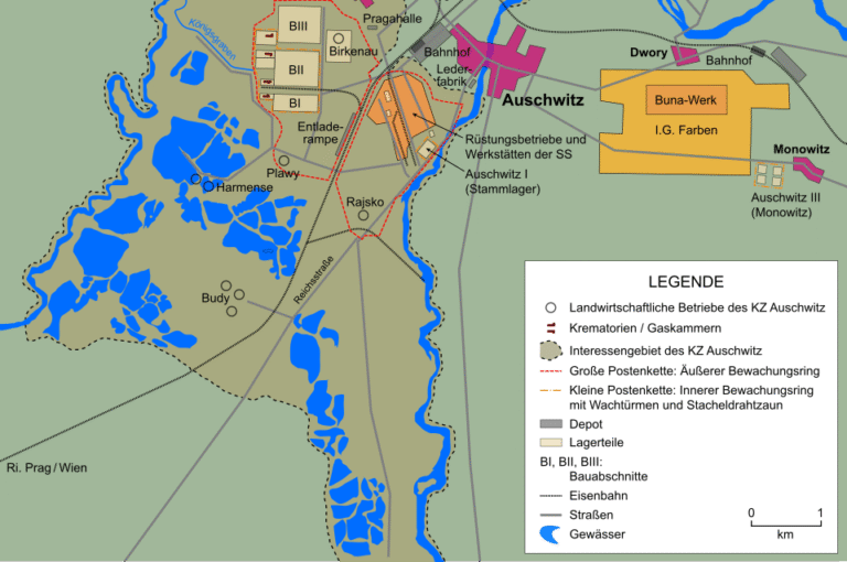 Map of the Auschwitz complex showing Auschwitz I, Auschwitz II-Birkenau and Auschwitz III-Monowitz (schematic) Source and license: Wikimedia Commons.