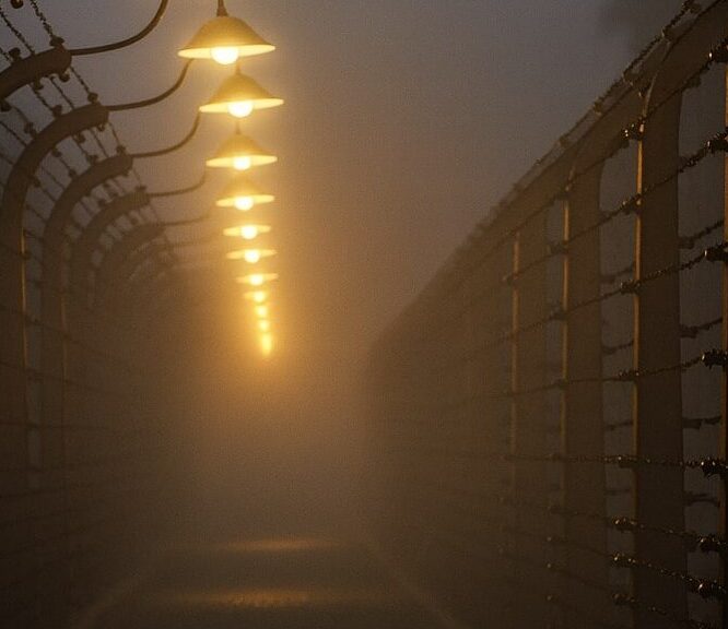 Auschwitz resistance: barbed-wire corridor with lamps glowing in fog (symbolic)