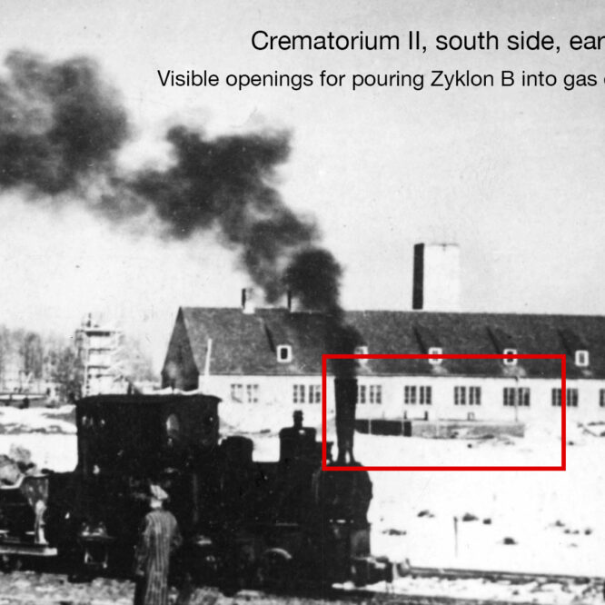 Auschwitz gas chambers – openings in Crematorium II at Birkenau, February 1943 photograph taken by SS Dietrich Kamann