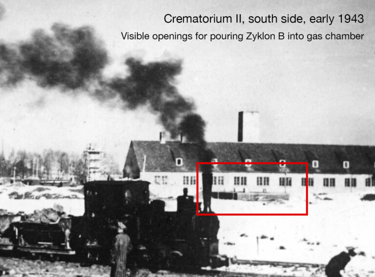 Auschwitz gas chambers – openings in Crematorium II at Birkenau, February 1943 photograph taken by SS Dietrich Kamann